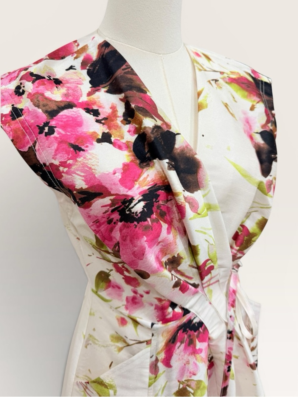 Donna Karan New York Floral Tiered Dupioni Wrap Dress Size 2 Ivory Pink NWT $179 - Picture 8 of 16